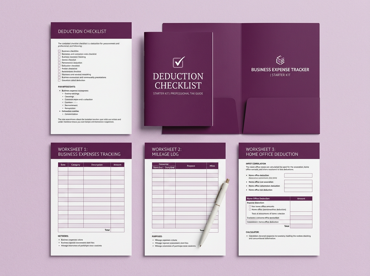 Flat lay of the printed Ledgerly Tax-Ready starter kit including checklist and worksheets